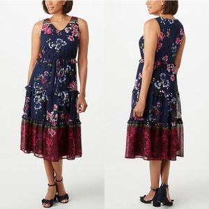 🎉Roz & Ali | Floral Tiered-Hem Chiffon Midi Dress
